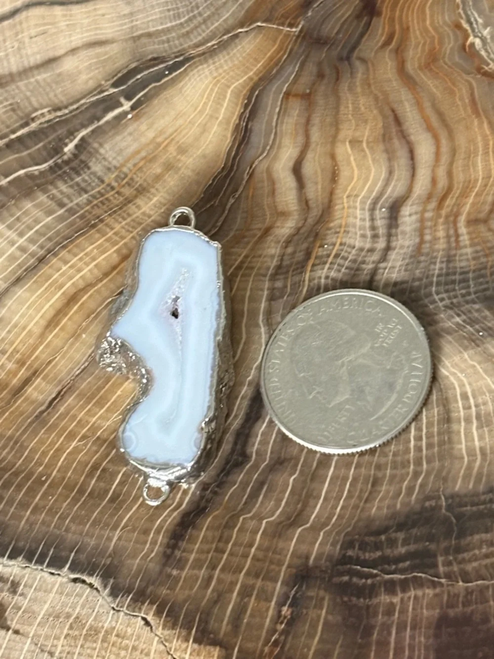 Natural White Quartz Geode Slice Crystal Silver Edged Crown Chakra Pendant - Picture 3 of 4
